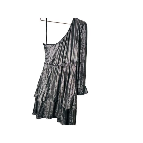 DEREK LAM Silver Metallic One Shoulder Pleated Black Mini Dress Size EU 44 - Picture 5 of 12